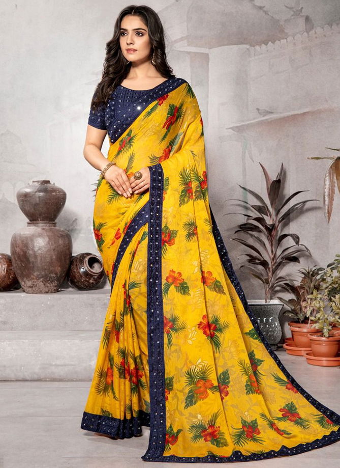 MINTORSI KRITIKA SITARA HITS Festive Wear Chiffon Brasso Printed Mirror Lace Saree Collection